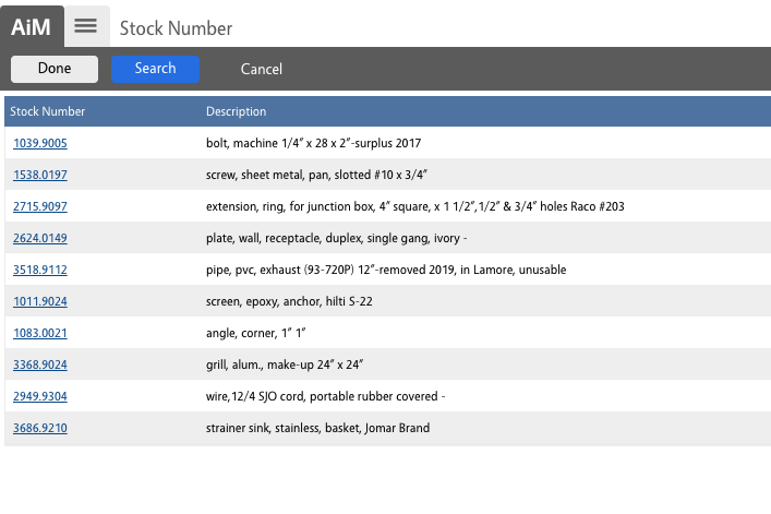 Stock Number Listing