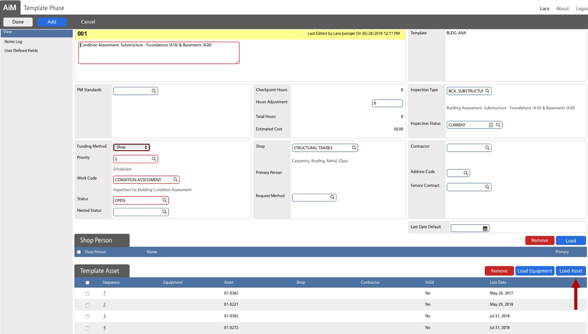 Shows an arrow pointing to the load asset button