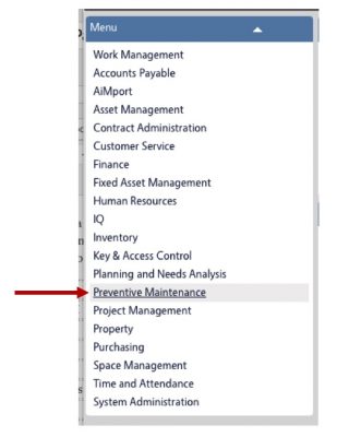 Preventive Maintenance menu item with arrow point to it