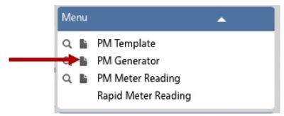 shows an arrow pointing to the PM Generator New menu item