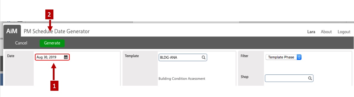 Shows the date and pm template to generate for with arrows