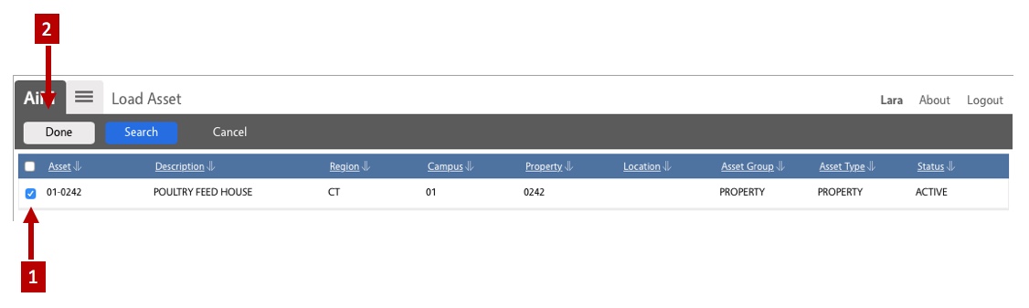 shows an arrow pointing to the checked asset box and an arrow pointing to the done button