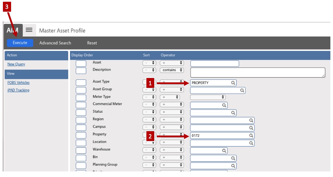 Shows fields to enter to search for the property asset